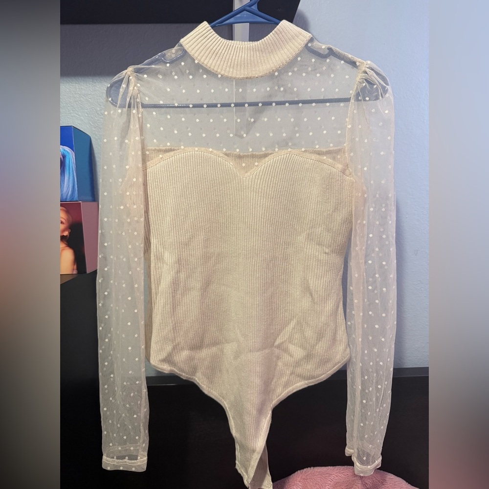 Elegant Cream Sheer Polka Dot Women's Top